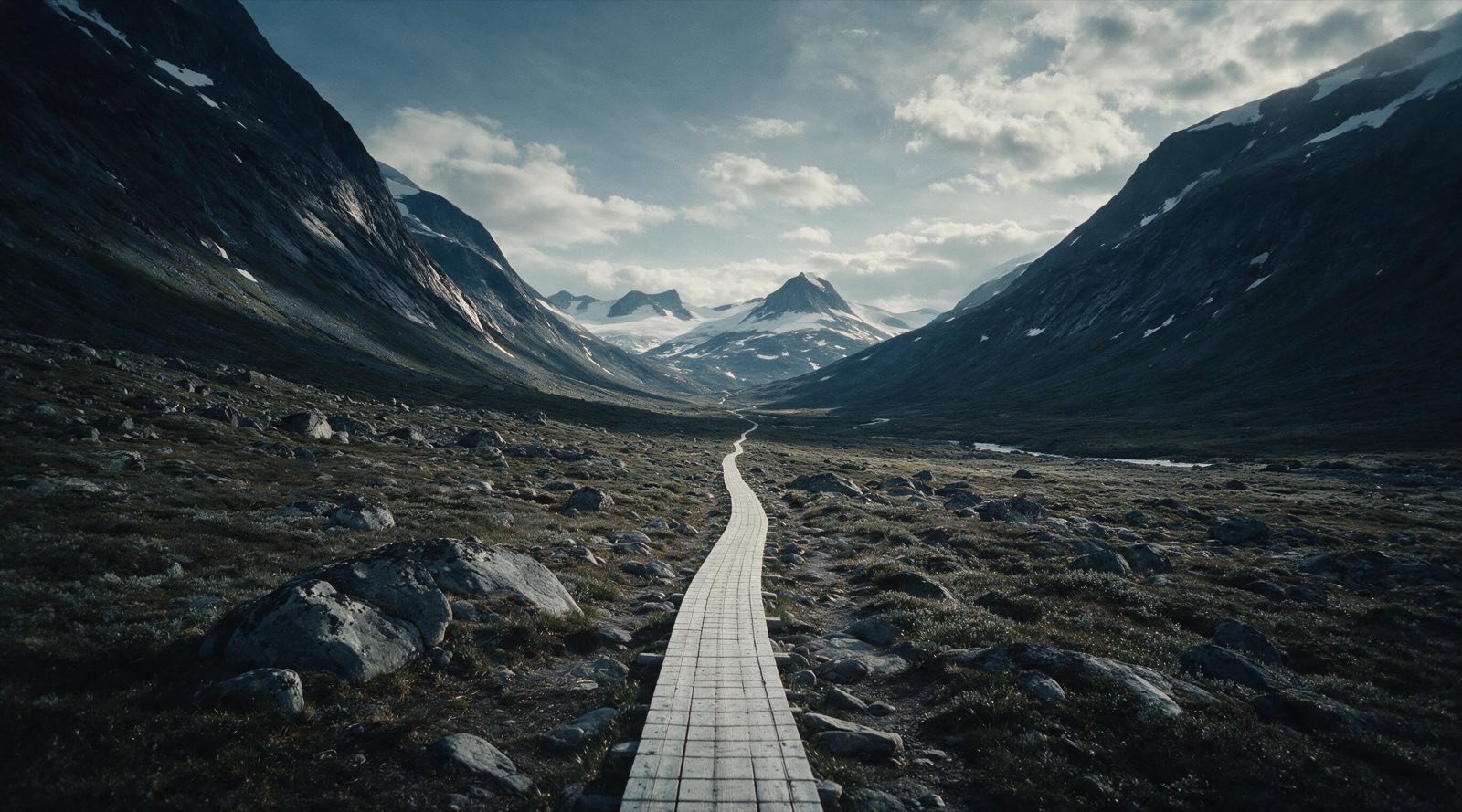 A long valley trail running toward distant peaks