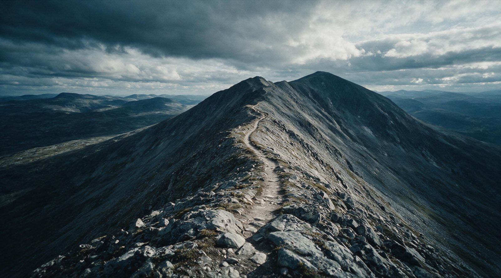 A narrow singletrack tracing a high ridgeline