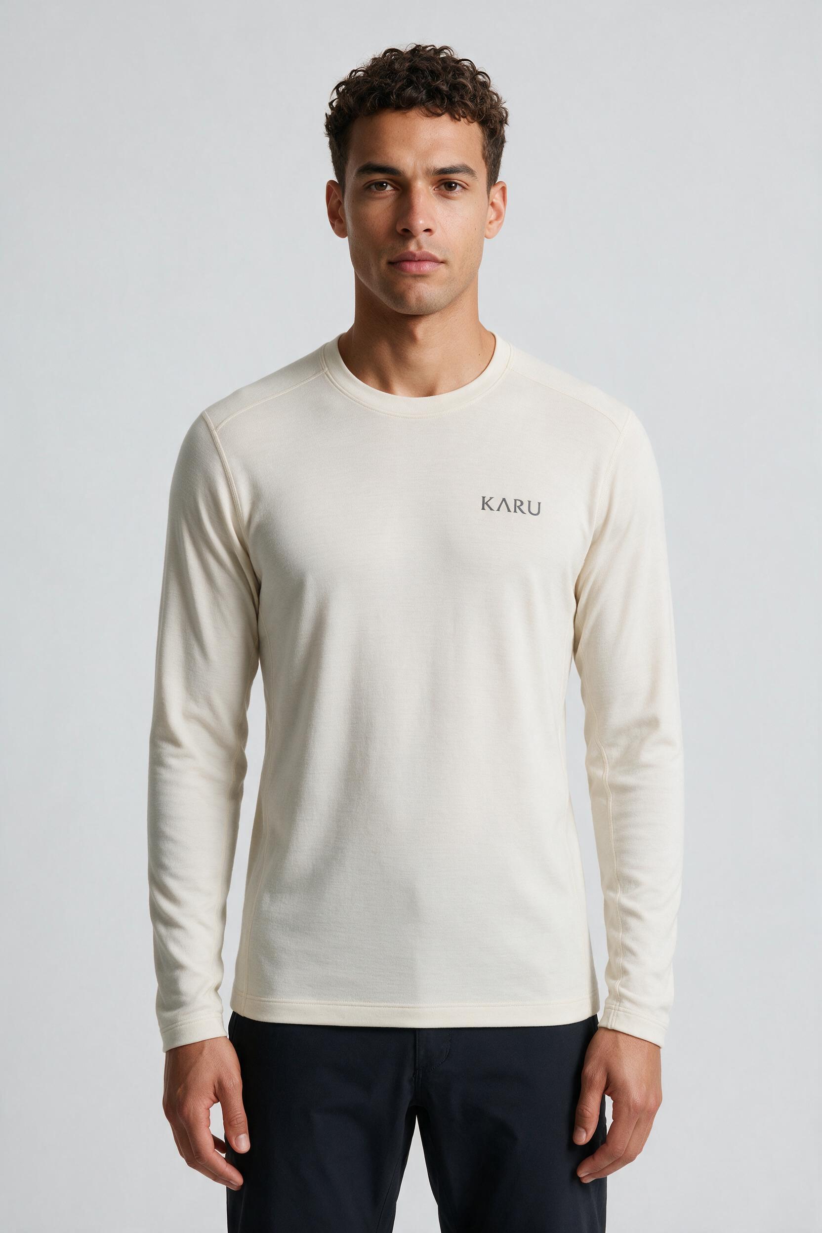 Abisko Crew in bone, worn by a model, studio product shot on a seamless neutral ground