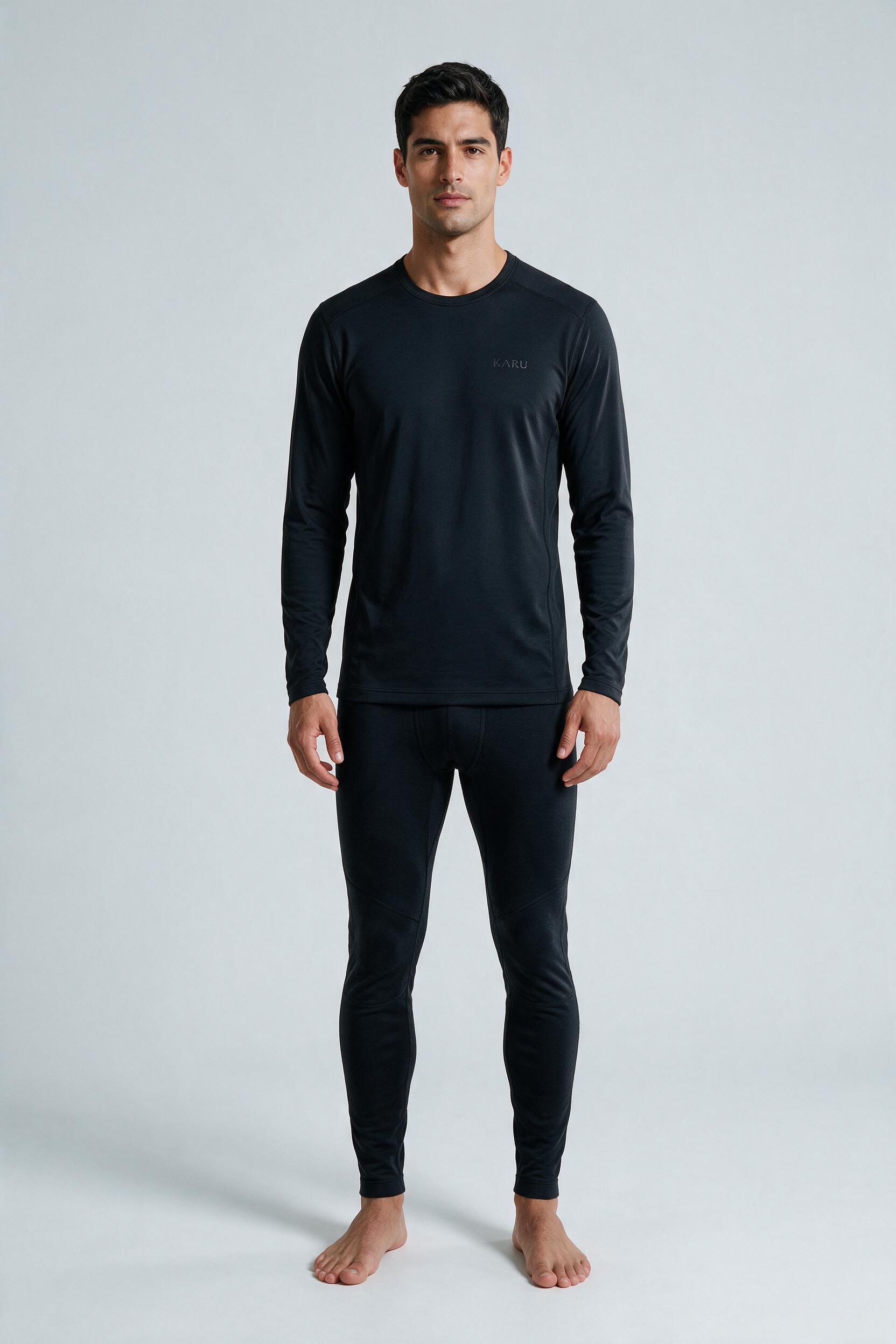 Kaska Long John in night black, worn by a model, studio product shot on a seamless neutral ground