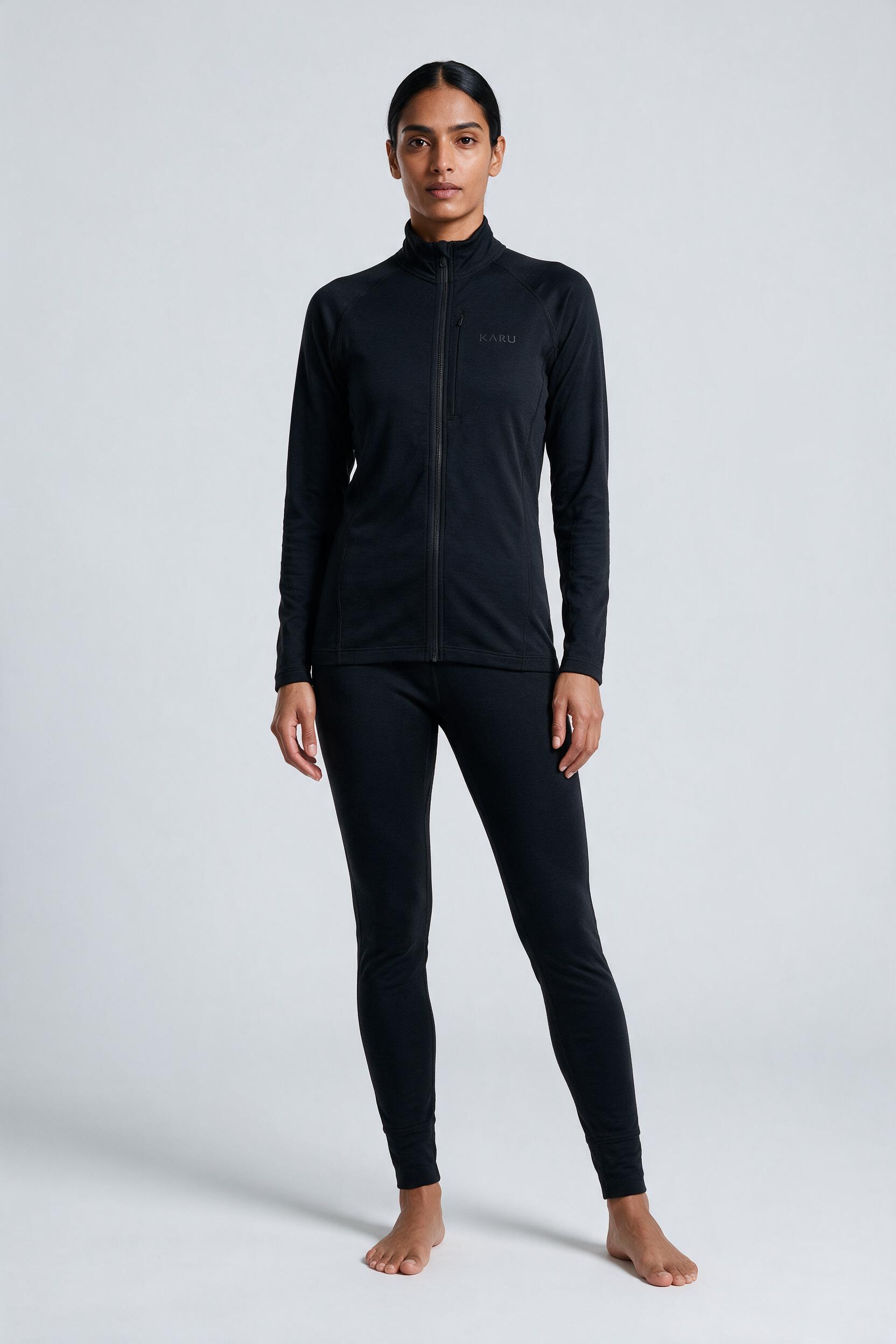 Kaska Long John in night black, worn by a model, studio product shot on a seamless neutral ground