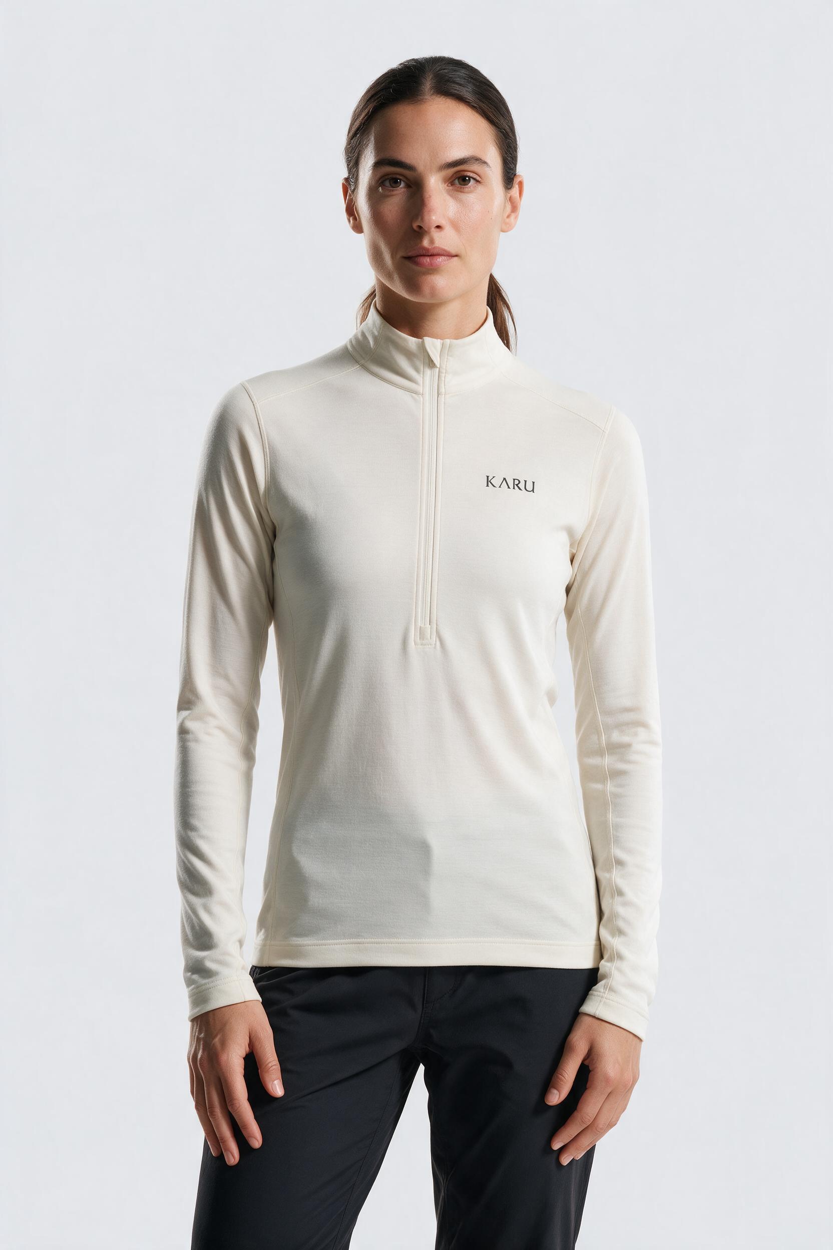 Njulla Longsleeve in bone, worn by a model, studio product shot on a seamless neutral ground