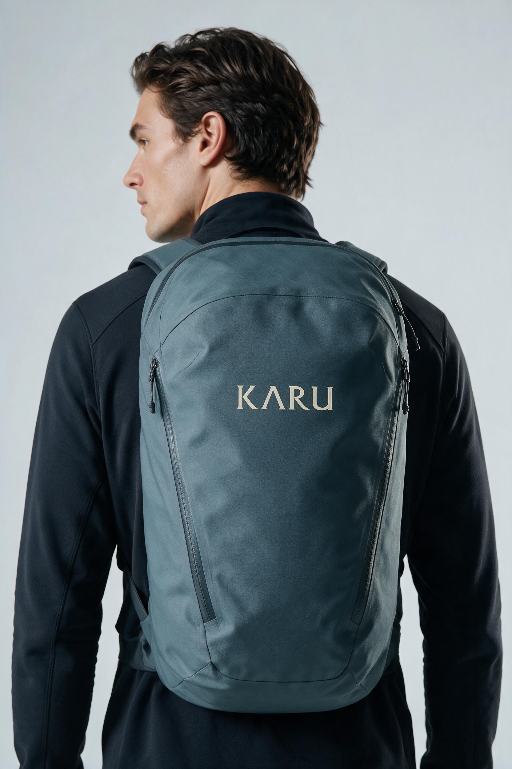 Ritsem 18 pack in slate blue-grey, worn on the back, studio product shot on a seamless neutral ground