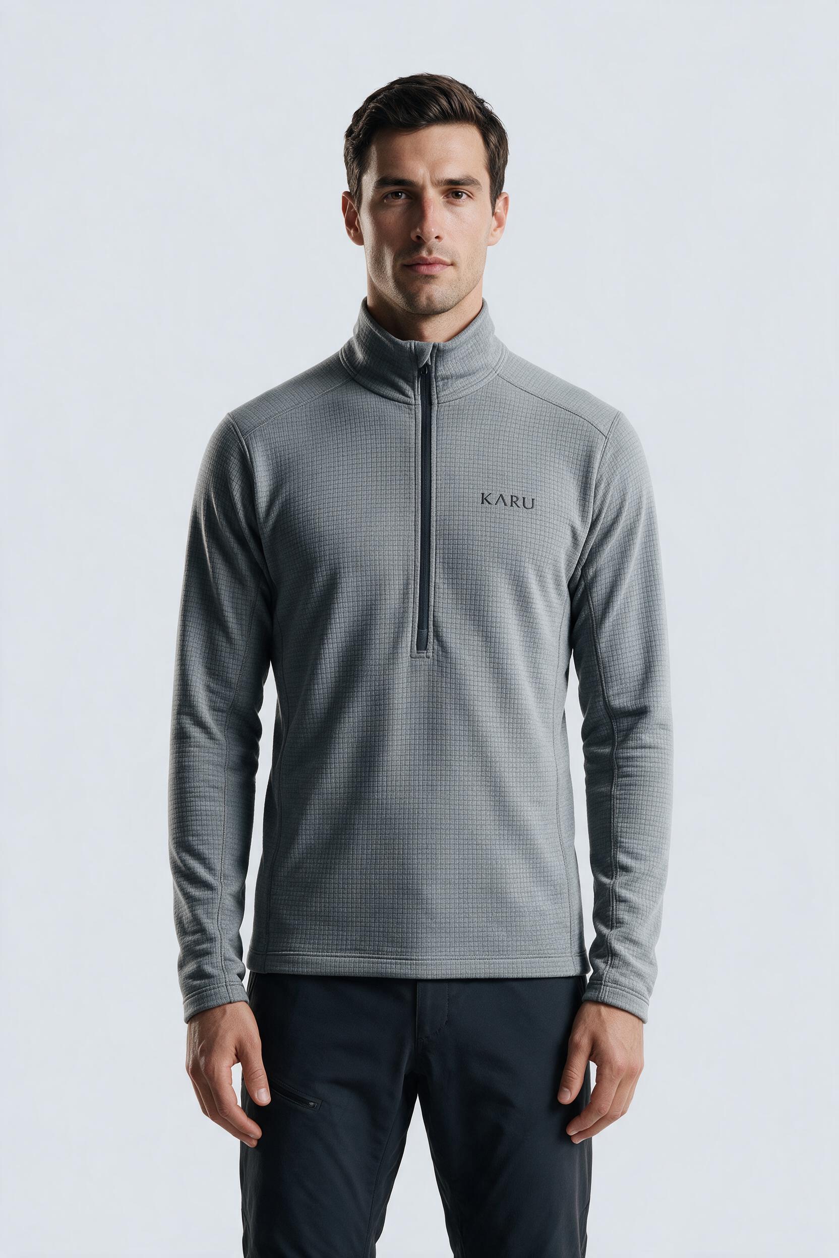 Salto Fleece in ash marl, worn by a model, studio product shot on a seamless neutral ground