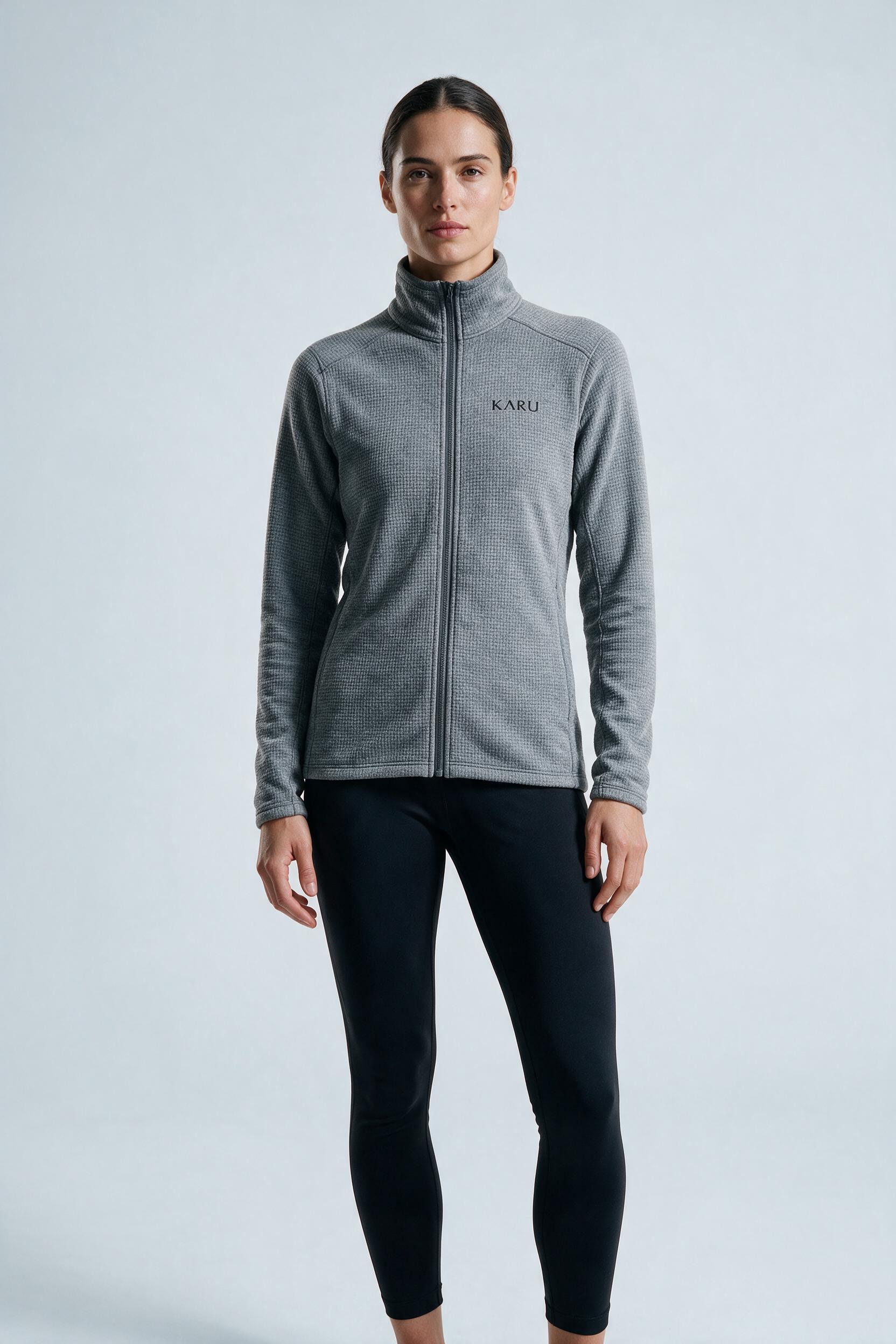 Salto Fleece in ash marl, worn by a model, studio product shot on a seamless neutral ground